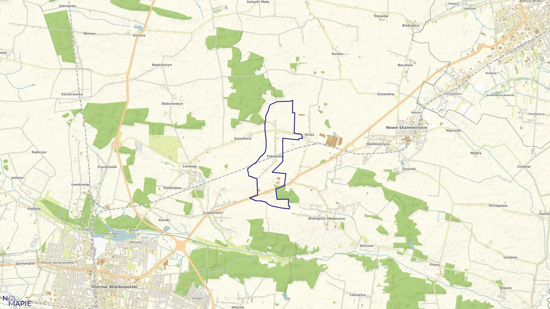 Mapa obrębu Fabianów w gminie Nowe Skalmierzyce