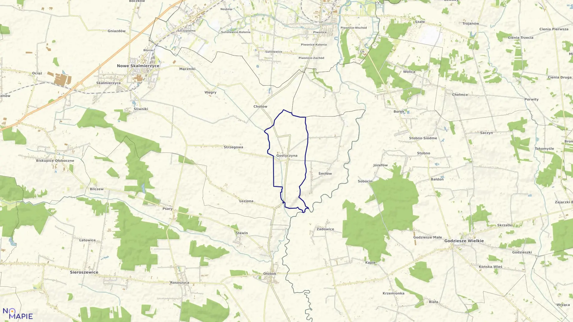 Mapa obrębu Gostyczyna w gminie Nowe Skalmierzyce