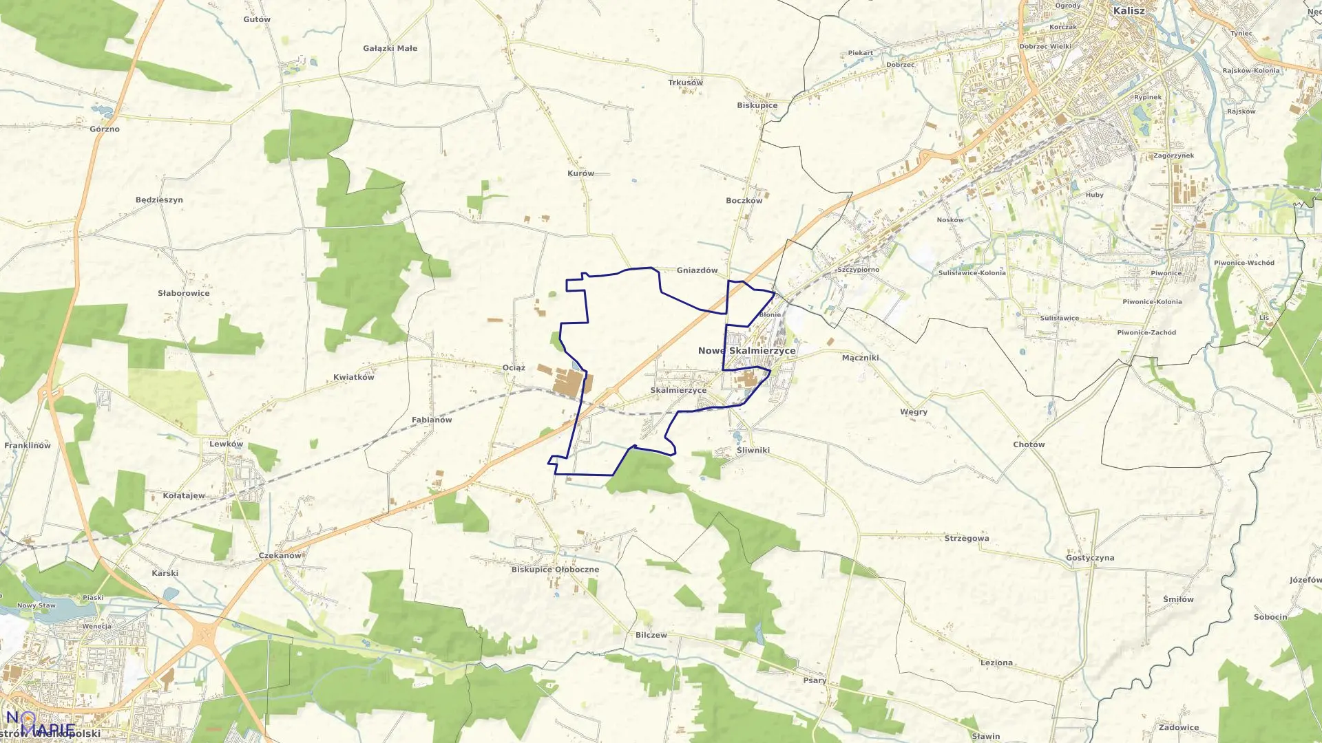 Mapa obrębu Skalmierzyce w gminie Nowe Skalmierzyce